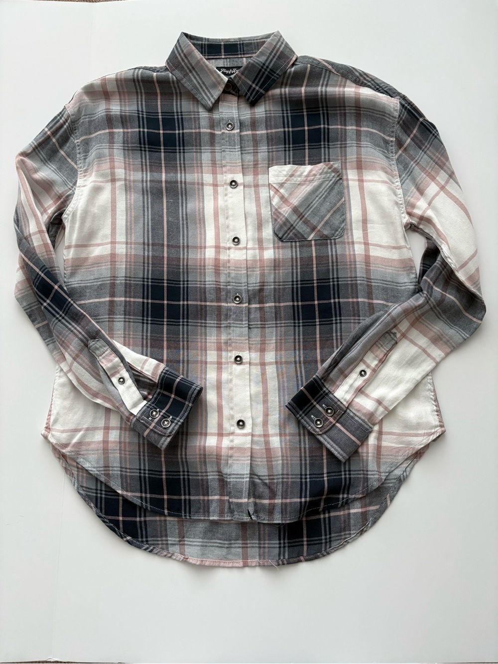 NWT Flag & Anthem Plaid Button Front Shirt XS Pink Gray Cotton Rayon
